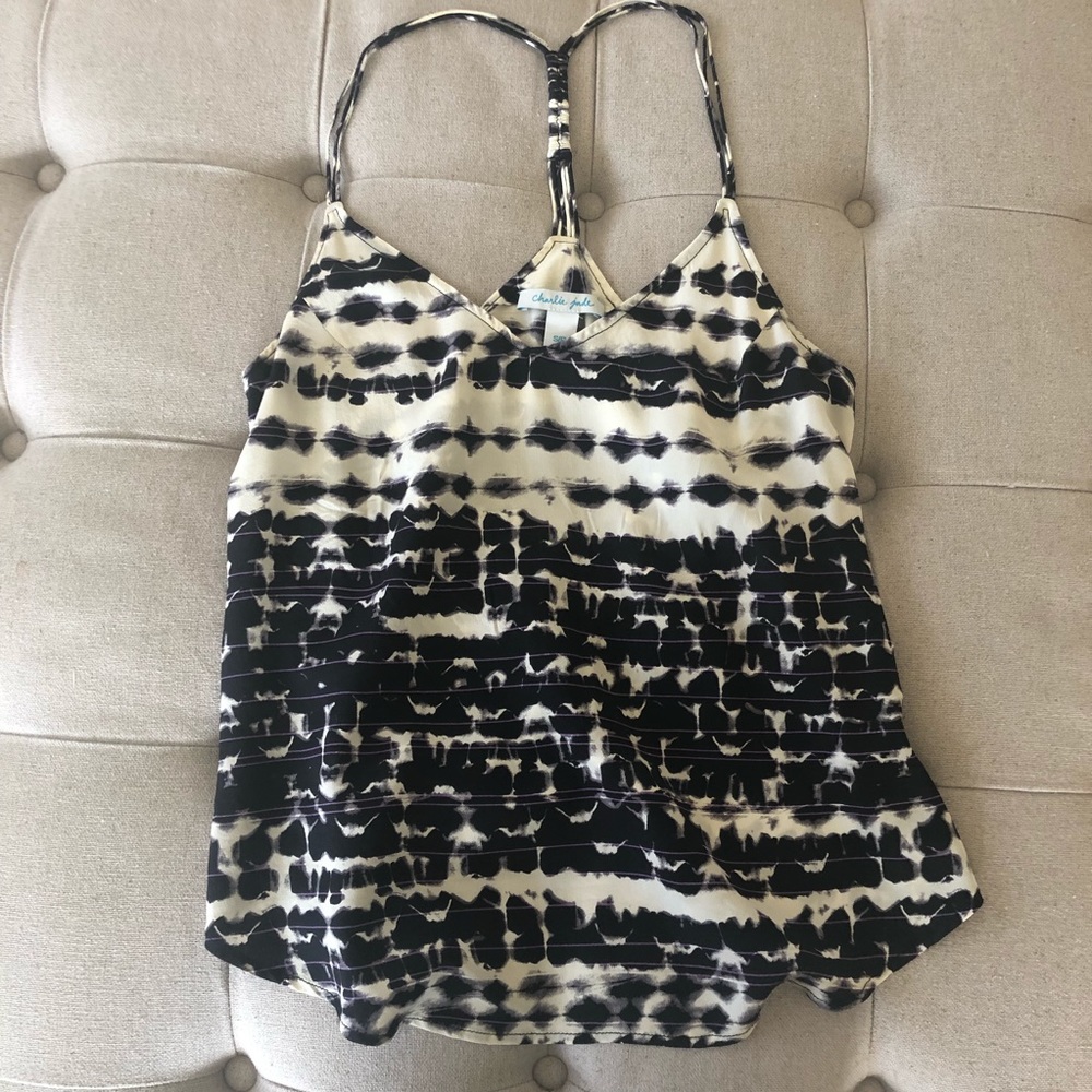 Navy/Cream with purple lines t-back tank.